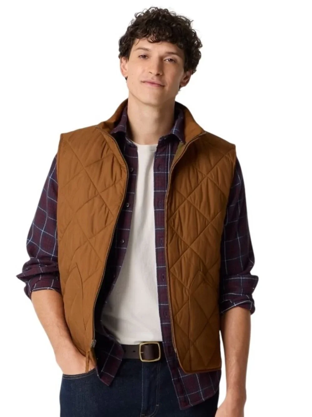 J.Crew Mens Quilted Tan walking Vest Zip Front & Pockets Lightweight Outerwear L